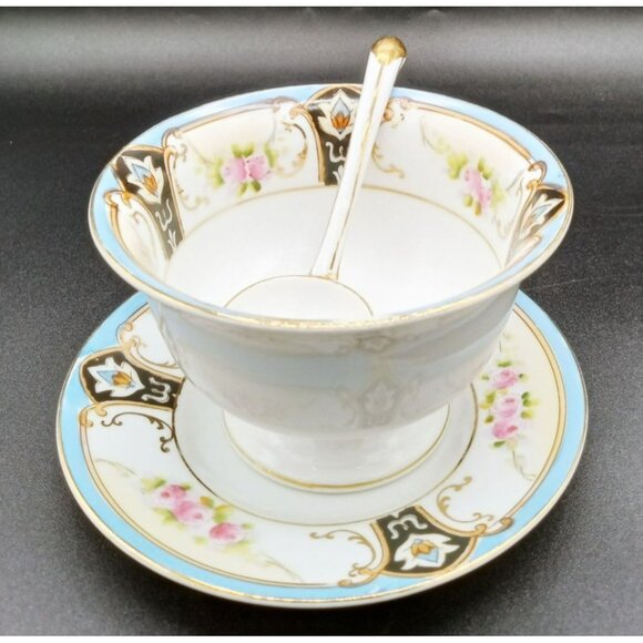 Antique Noritake Bouillon Set 1920s Hand Painted Roses Spoon Saucer Japan - Picture 3 of 13